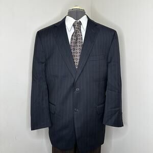 Jos A Bank Mens 44R Blazer Navy Blue Wool Striped 2XL 48" Sport Coat Suit Jacket